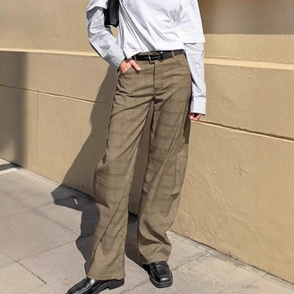 Forever 21 British Plaid High Waist Flowy Curved Leg Trousers Casual - Picture 6 of 7